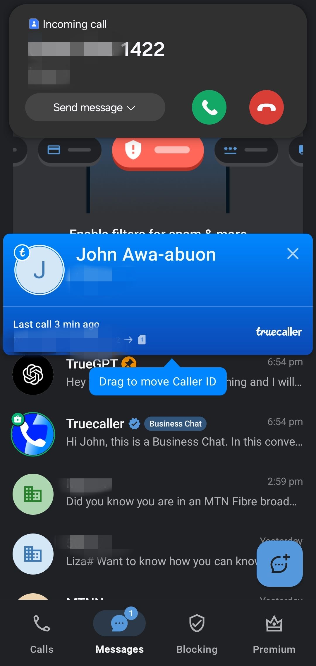 اعلان تماس ورودی TrueCaller