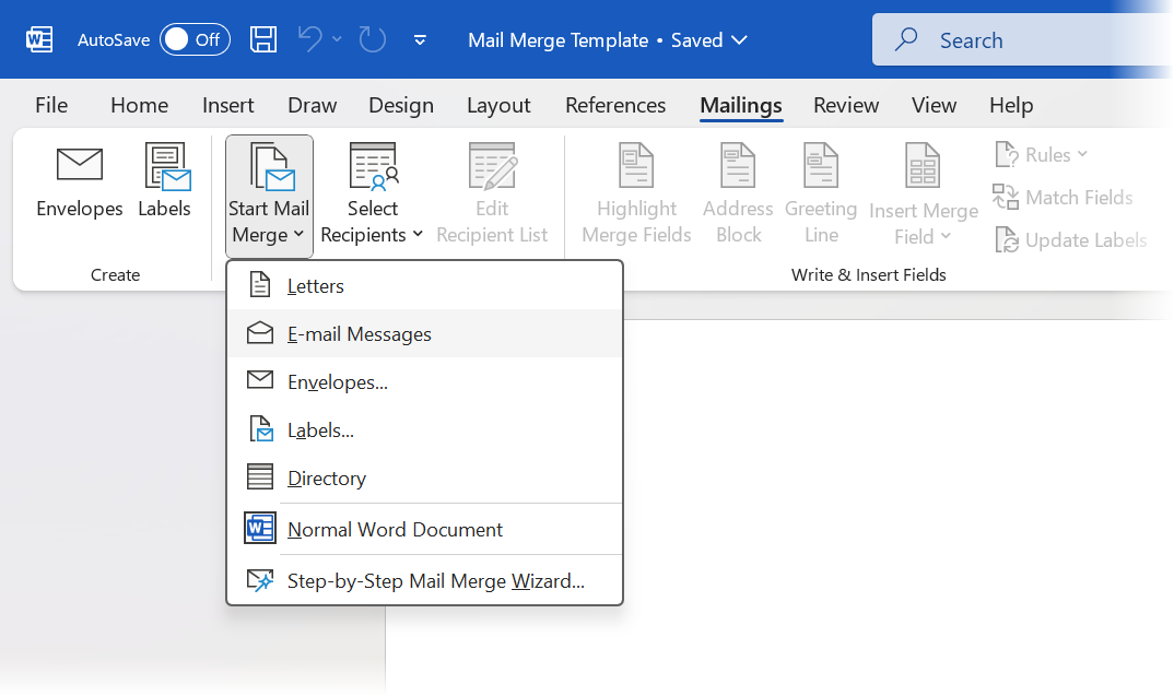 شروع Mail Merge در Word در تب Mailings