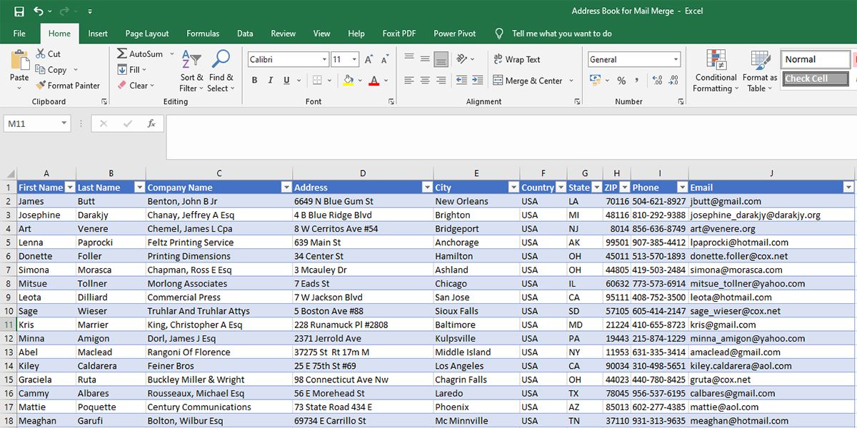 نمونه ای از منبع داده Excel Mail Merge