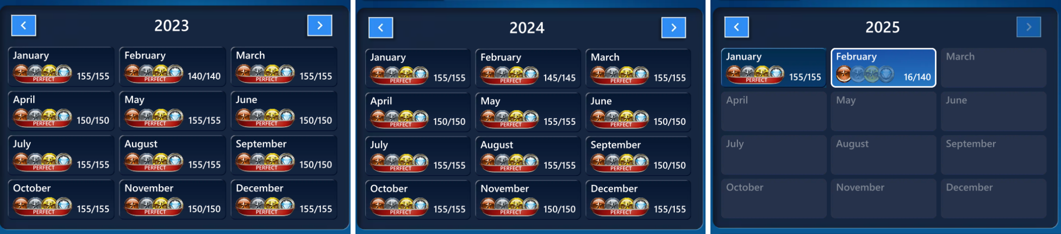 شبکه ای که تقویم چالش های روزانه را از 2023-2025 در Microsoft Solitaire در رایانه شخصی نشان می دهد