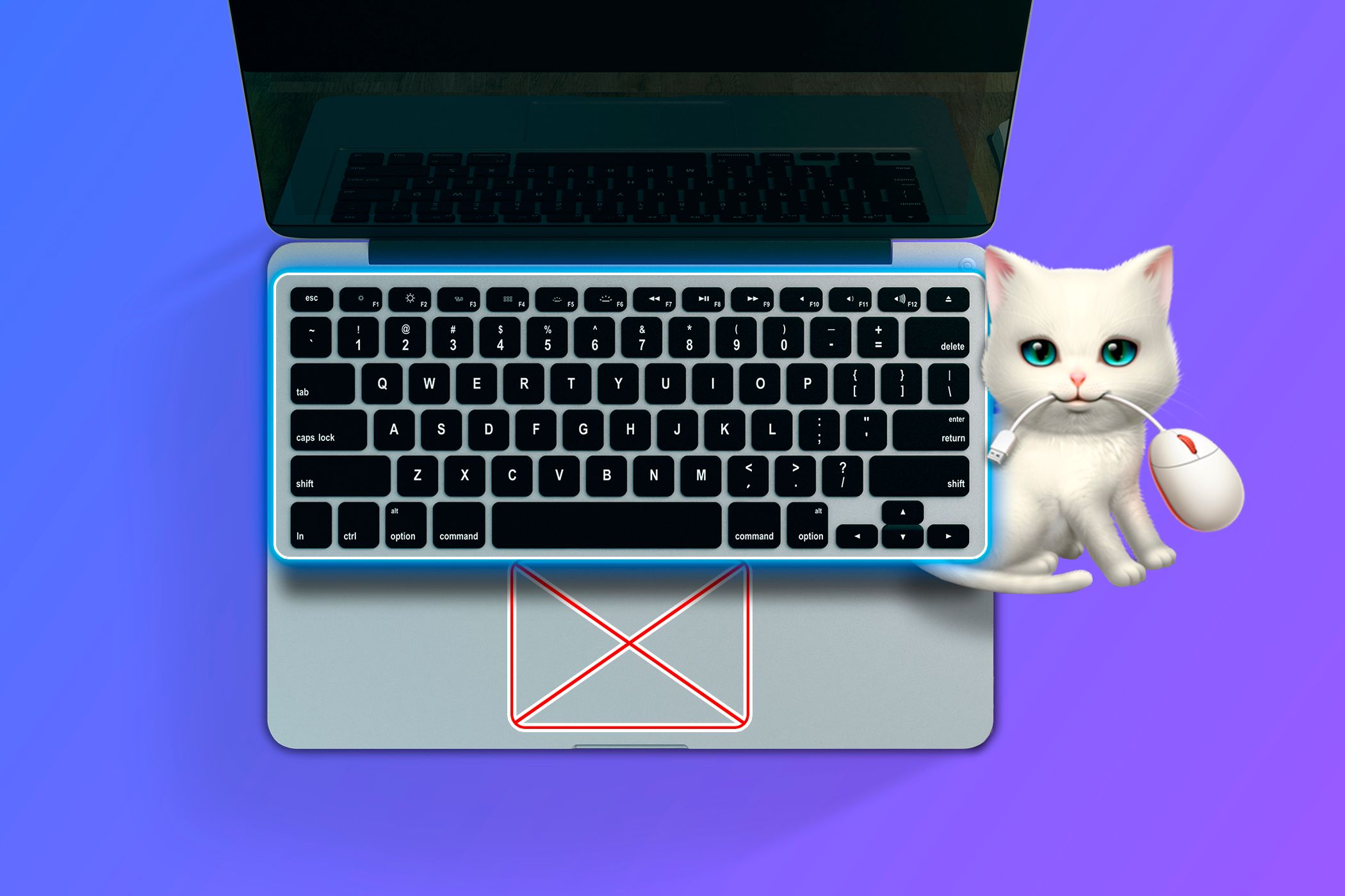MacBook با صفحه کلید برجسته ، یک "X" در قسمت Trackpad و آرم میانبر در کنار آن.