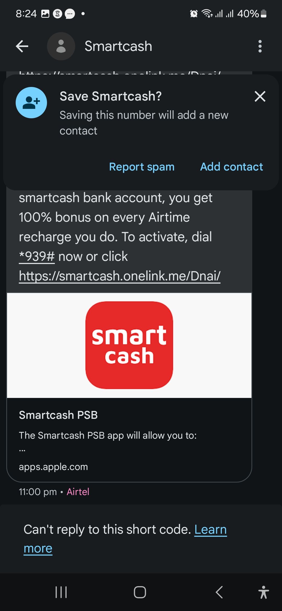 پیامی از SmartCash در تلفن Android با پیش نمایش Link-1