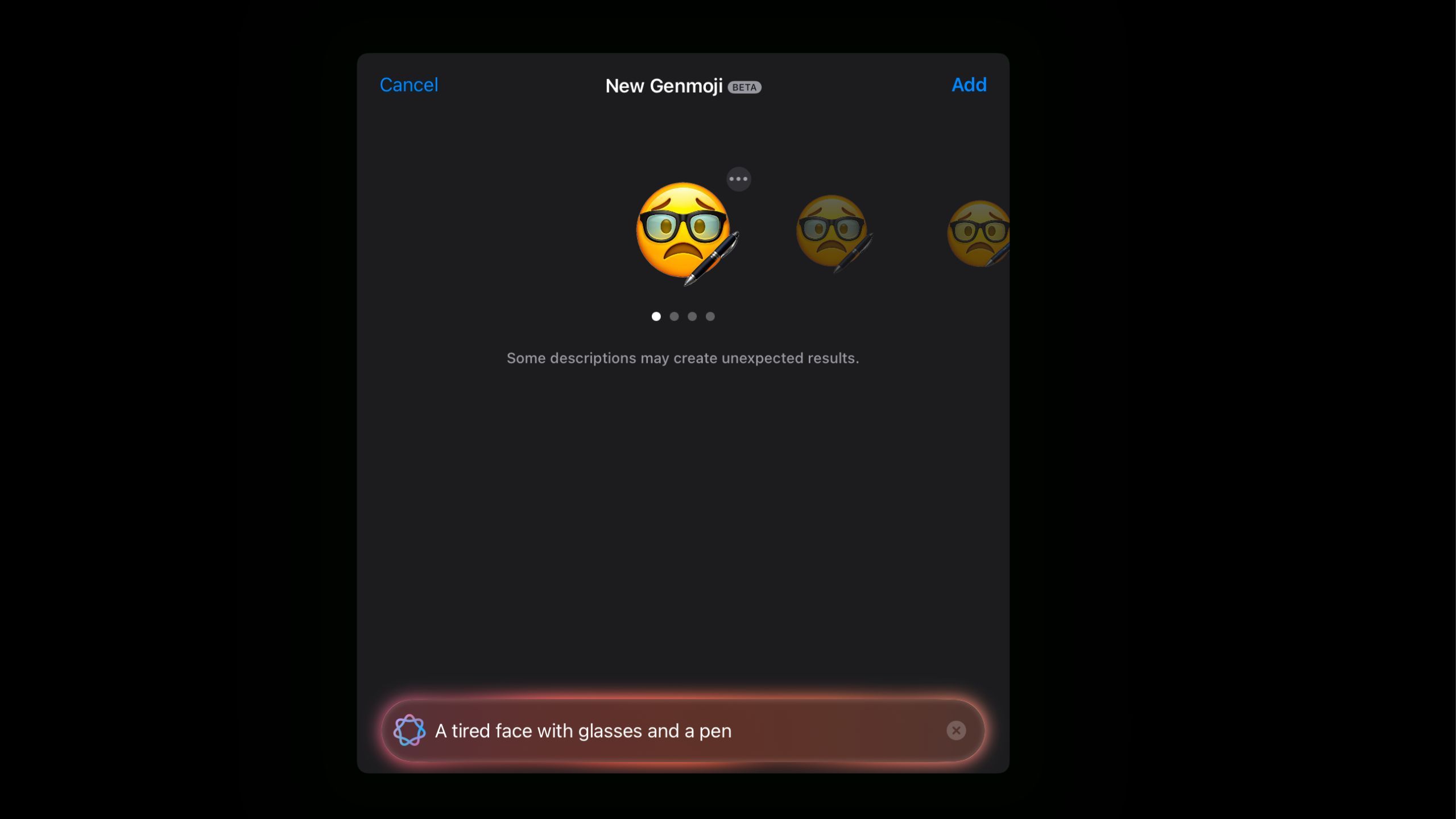 یک ایموجی از چهره خسته با عینک و قلم ایجاد شده در Genmoji