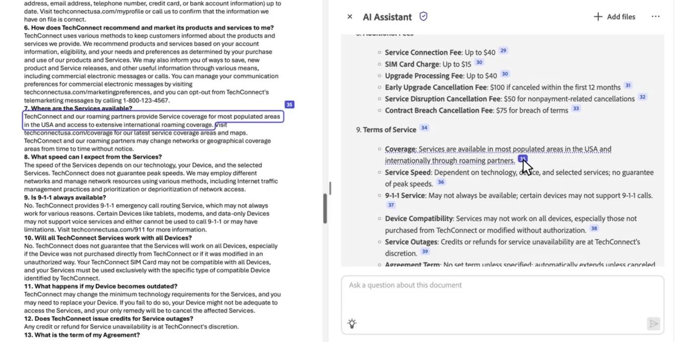 Adobe Acrobat AI با استناد به یک قرارداد