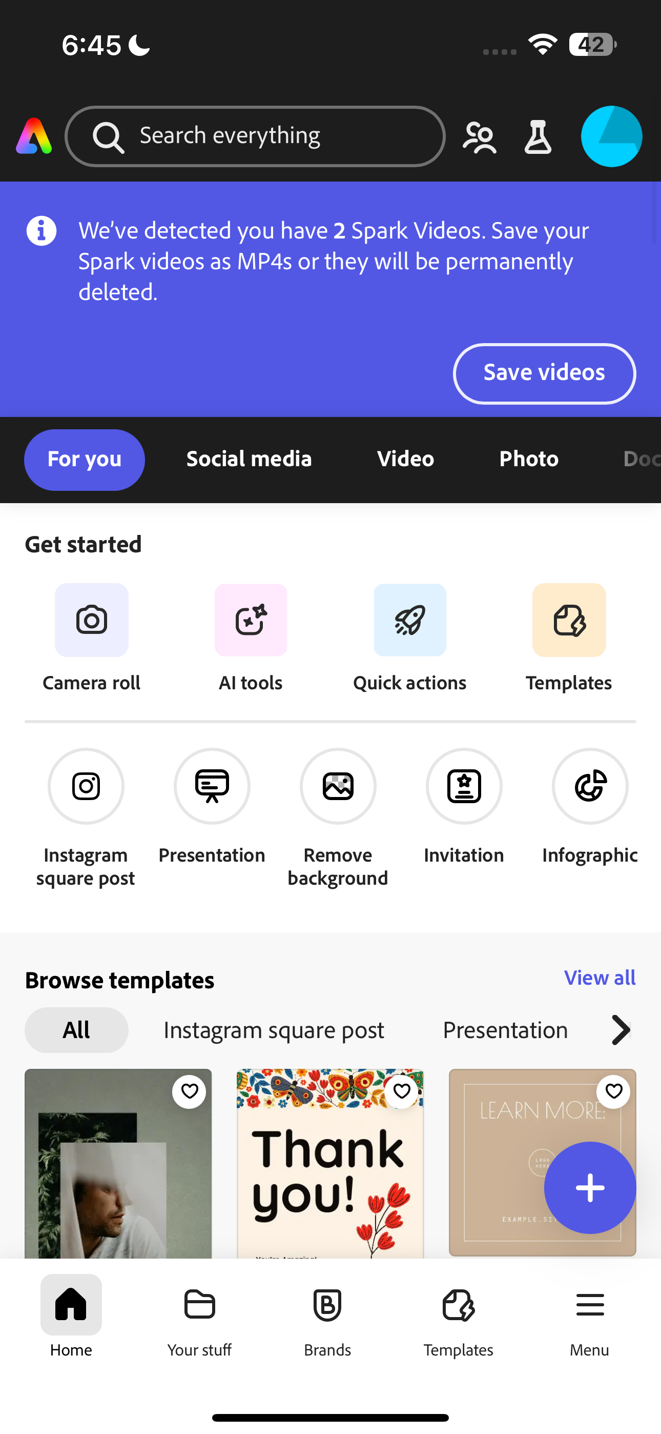 صفحه اصلی Adobe Express