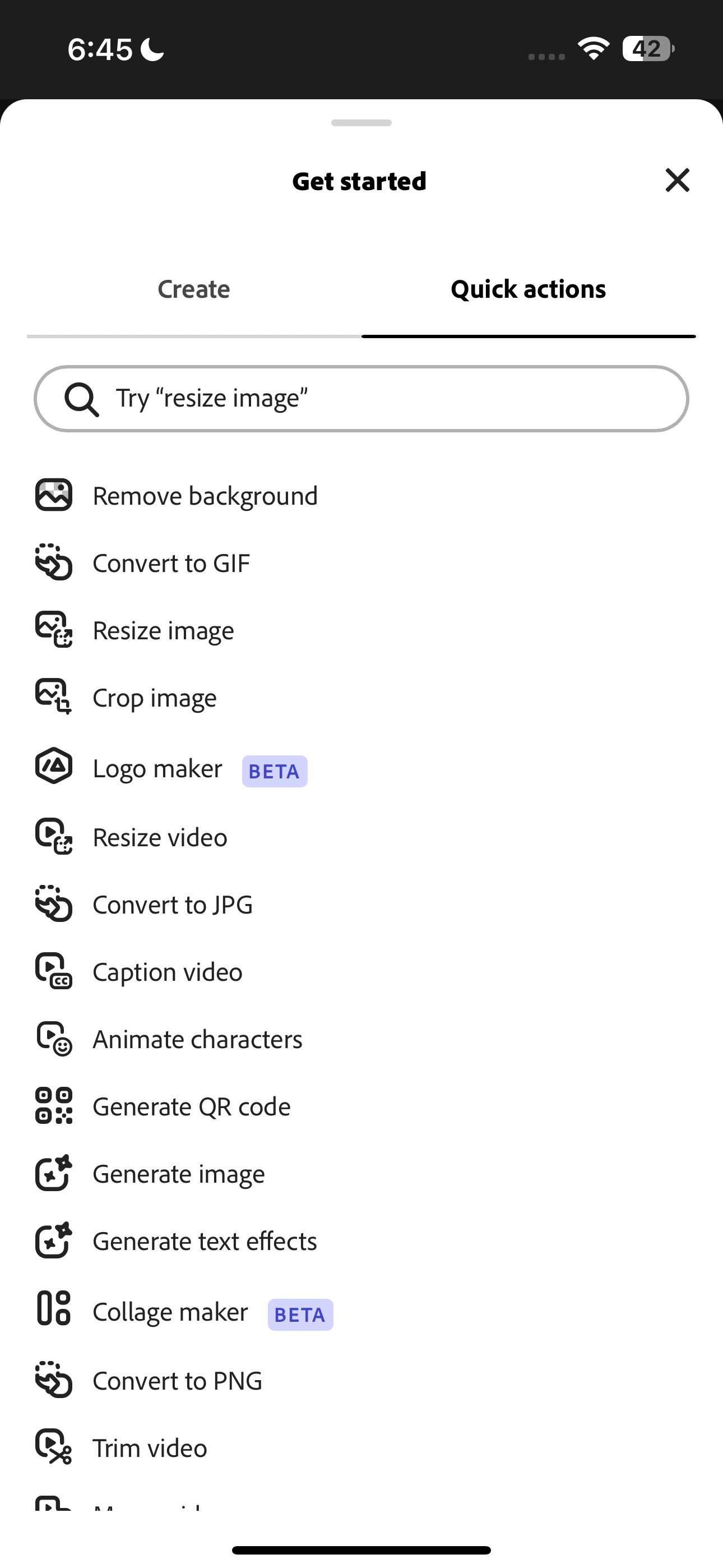 Adobe Express لیست اقدامات سریع