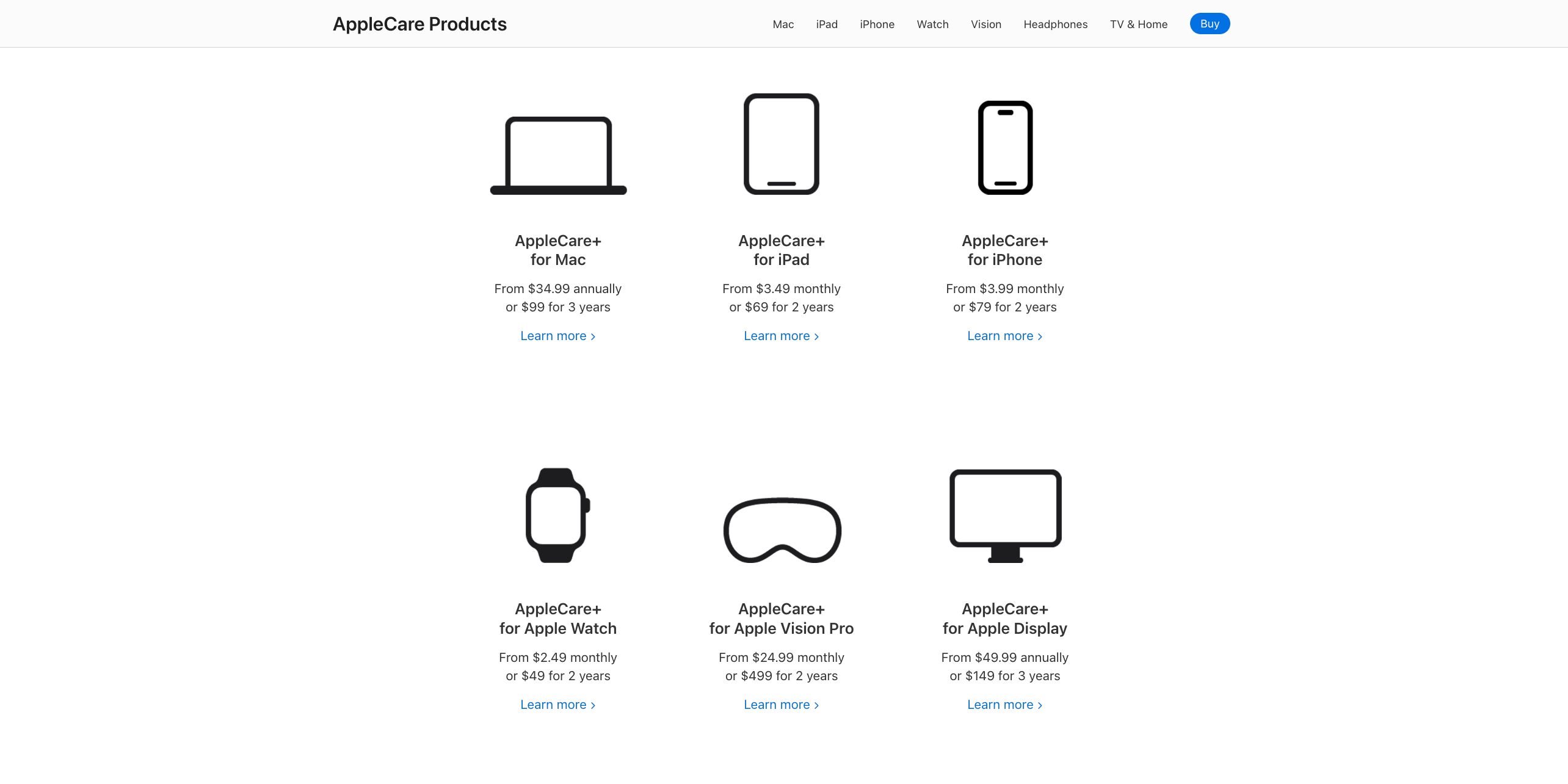گرافیکی که محصولات Applecare+ را برای دستگاه های مختلف اپل با قیمت های مرتبط به تصویر می کشد