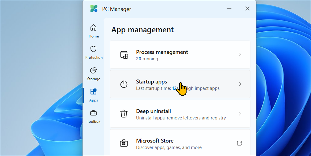 برگه برنامه ها در Microsoft PC Manager در ویندوز 11 باز می شود
