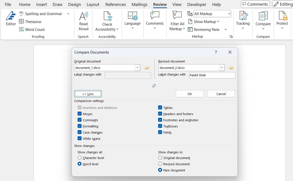 کادر گفتگوی اسناد را در سند Microsoft MS Word مقایسه کنید