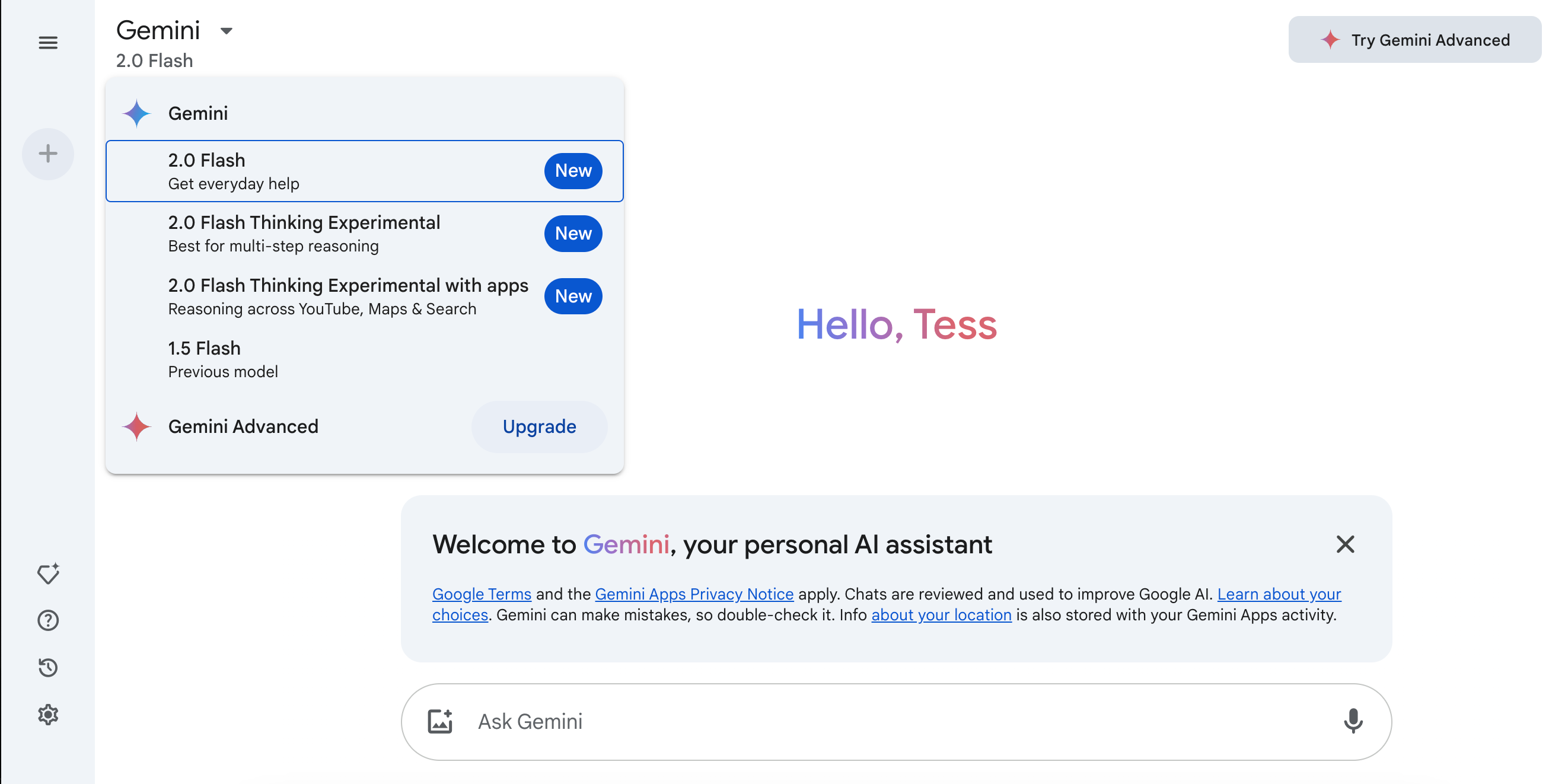 برنامه وب Gemini با چهار مدل ذکر شده در یک منوی کشویی