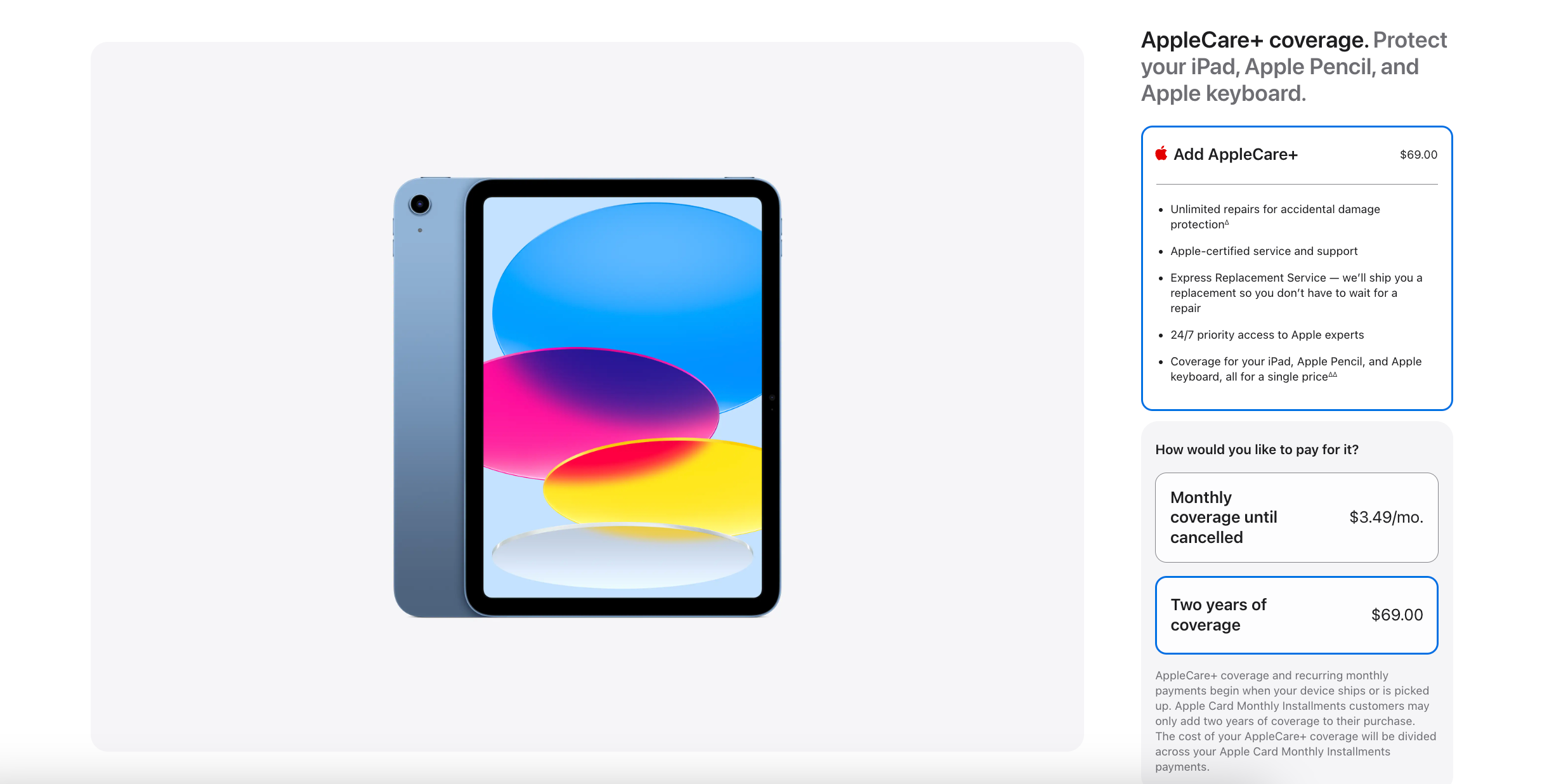 iPad برای فروش در وب سایت اپل که گزینه های پوشش Applecare+ را نشان می دهد