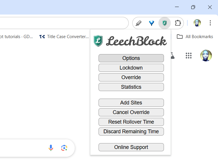 گزینه های LeeChblock در Google Chrome.