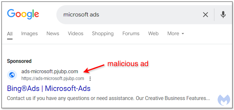 نمونه ای از صفحه وب تبلیغات Microsoft Ads به عنوان یک لینک حمایت مالی ارائه شده است.