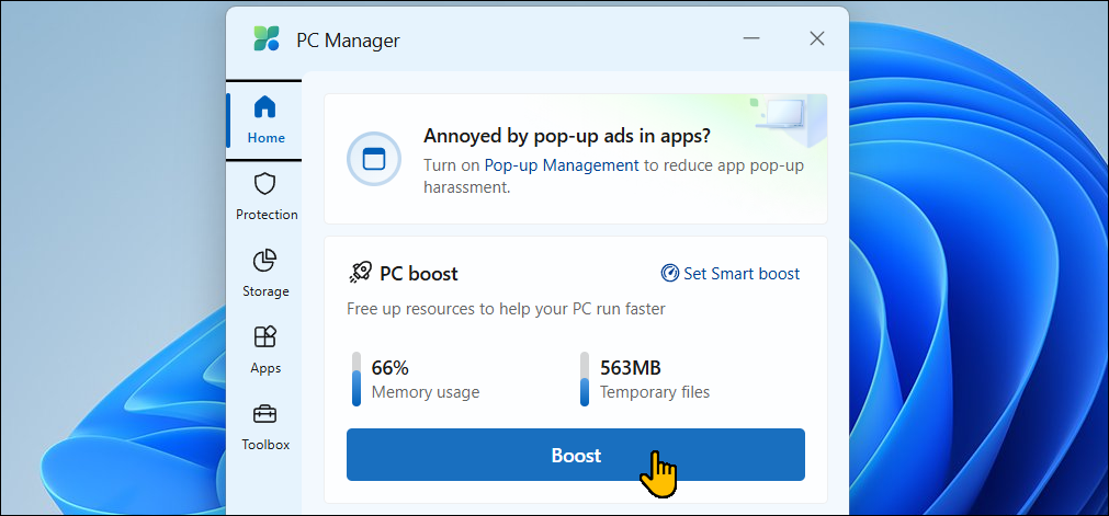 صفحه اصلی Microsoft PC Manager در ویندوز 11
