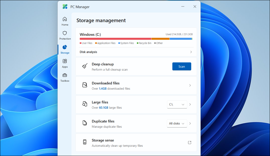 رابط مدیریت ذخیره سازی Microsoft PC Manager