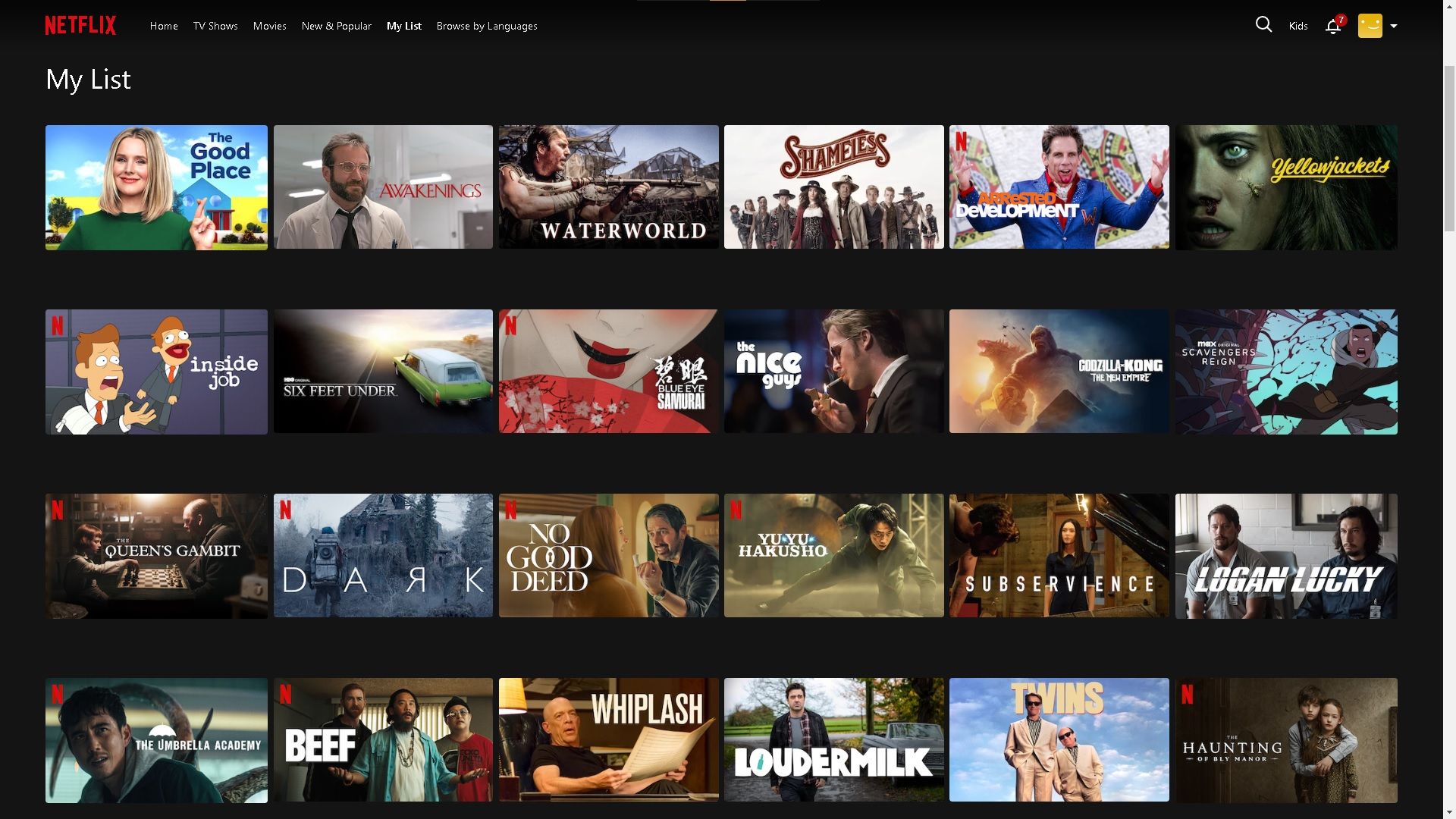 منوی لیست من در Netflix ، حاوی فیلم های بی شماری و برنامه های تلویزیونی.