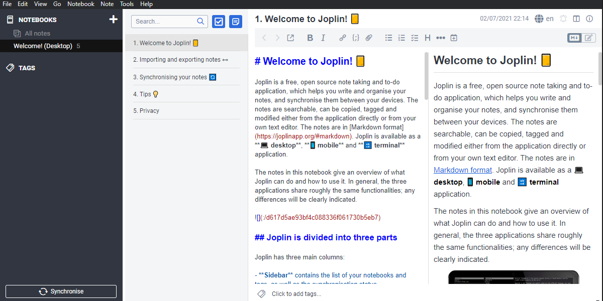 رابط خوش آمدید Joplin با یک یادداشت باز برای ویرایش