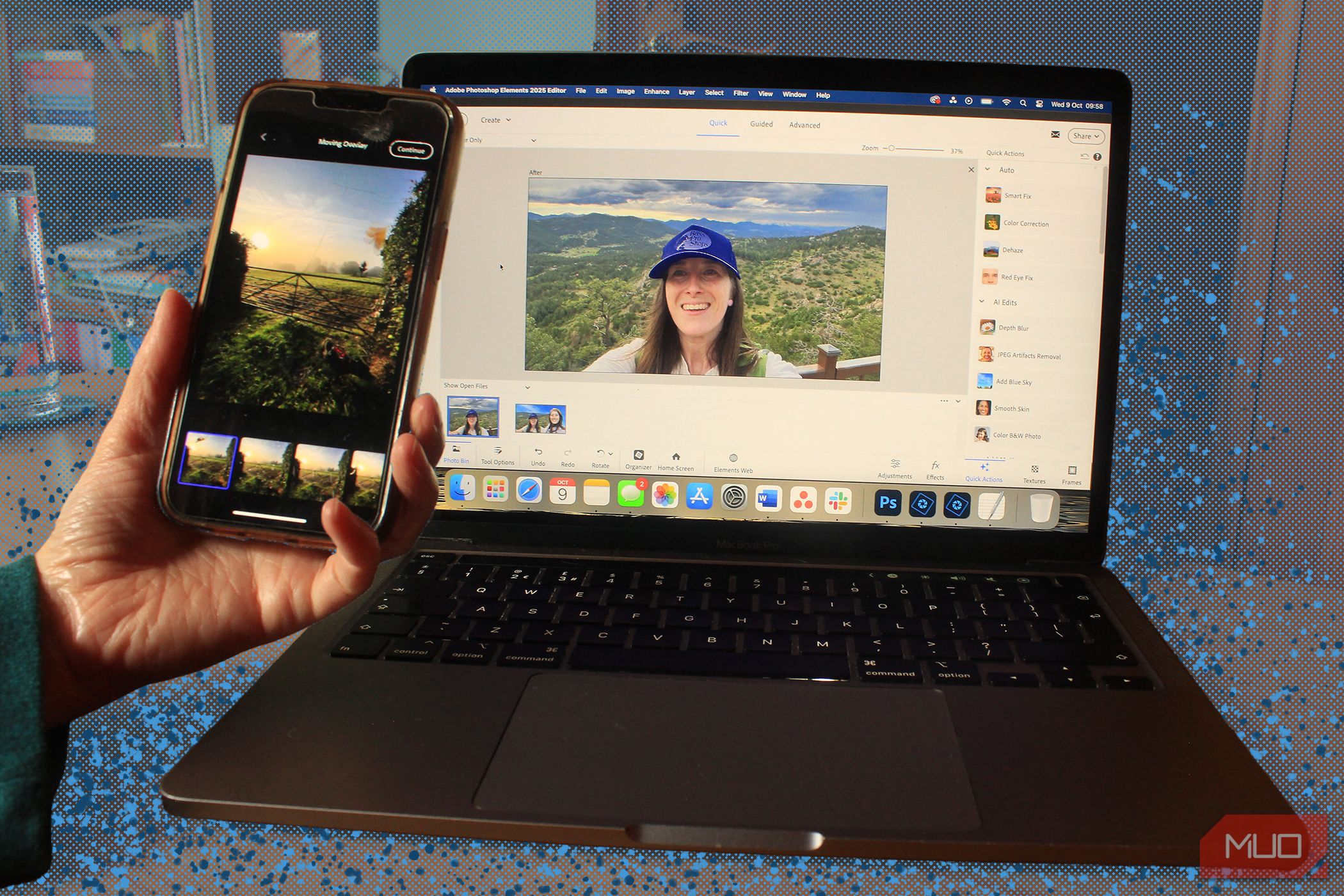 عناصر فتوشاپ در پس زمینه آبی MacBook و iPhone