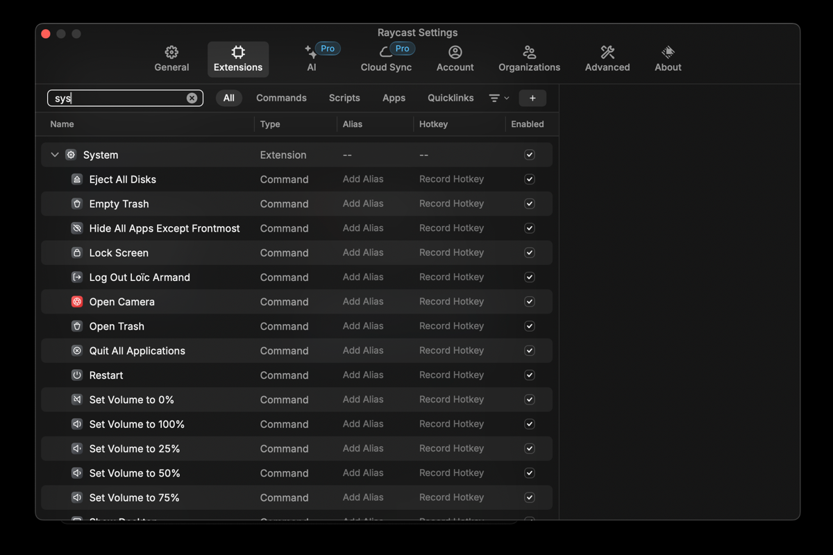 صفحه تنظیمات Raycast