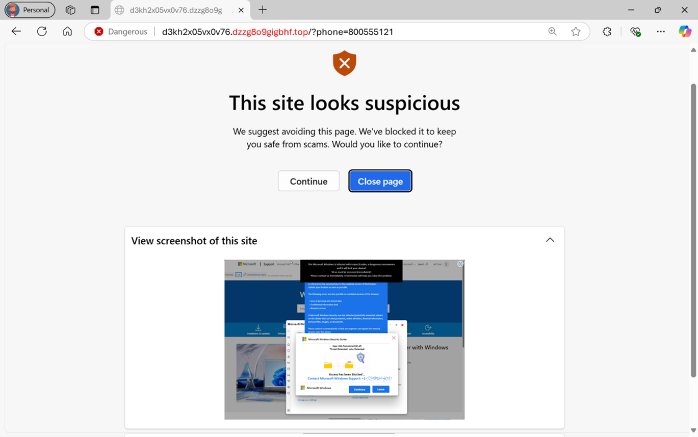 مسدود کننده Scareware مایکروسافت به یک کاربر اطلاع می دهد که یک سایت مشکوک به نظر می رسد