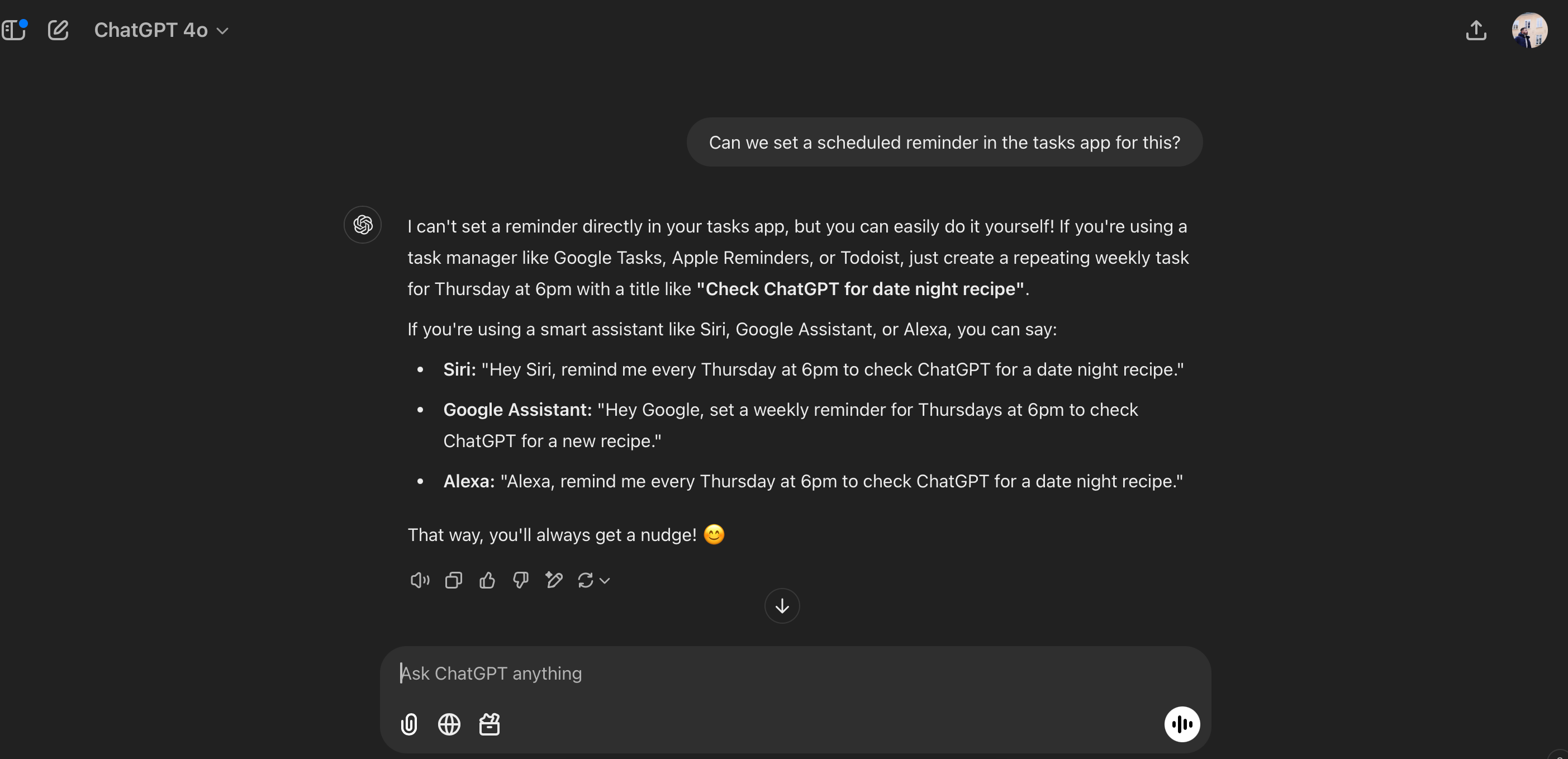پیشنهادات لیست انجام در برنامه chatgpt