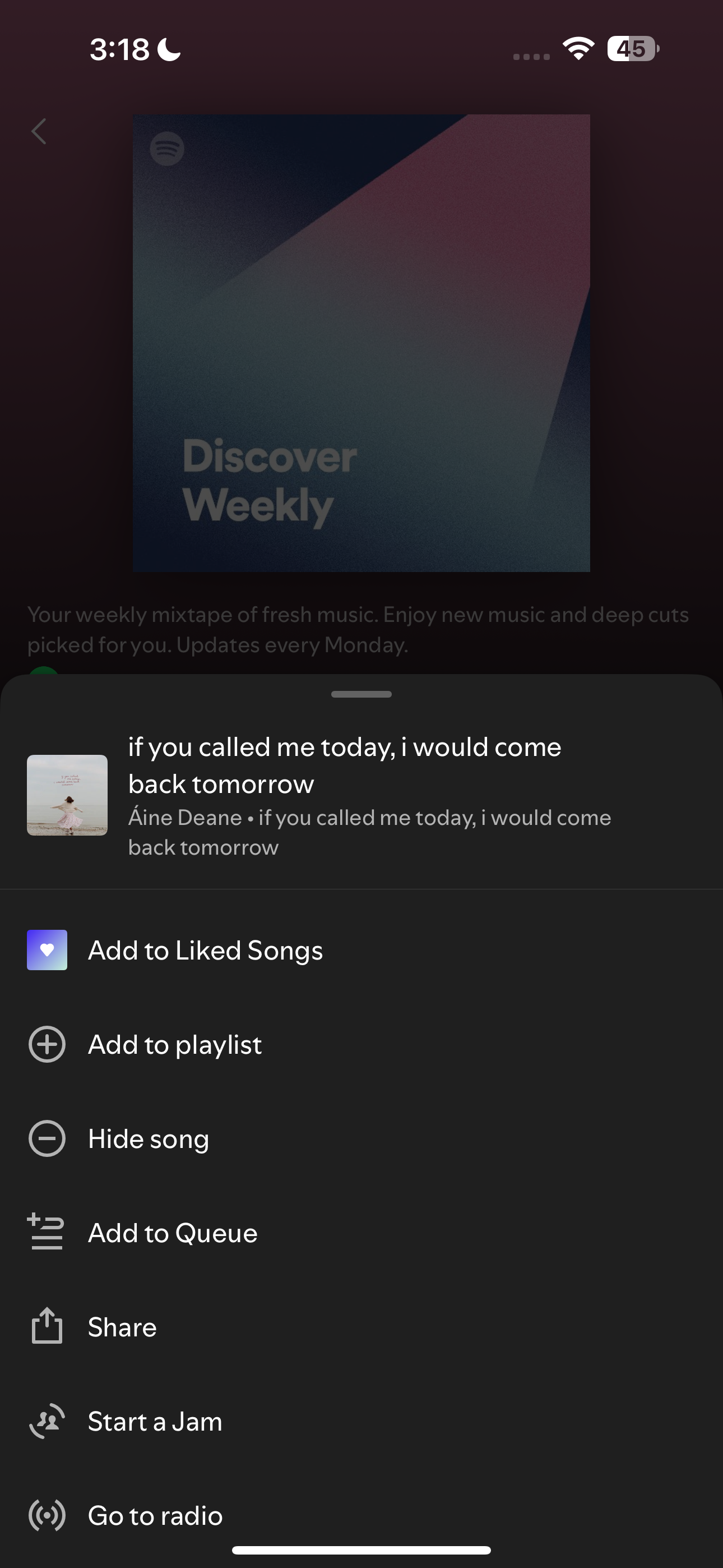 منوی Spotify با گزینه Hide Song