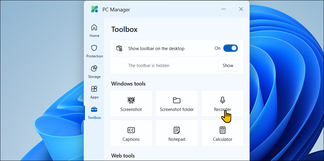 برگه Toolbox در Microsoft PC Manager در ویندوز 11 باز می شود