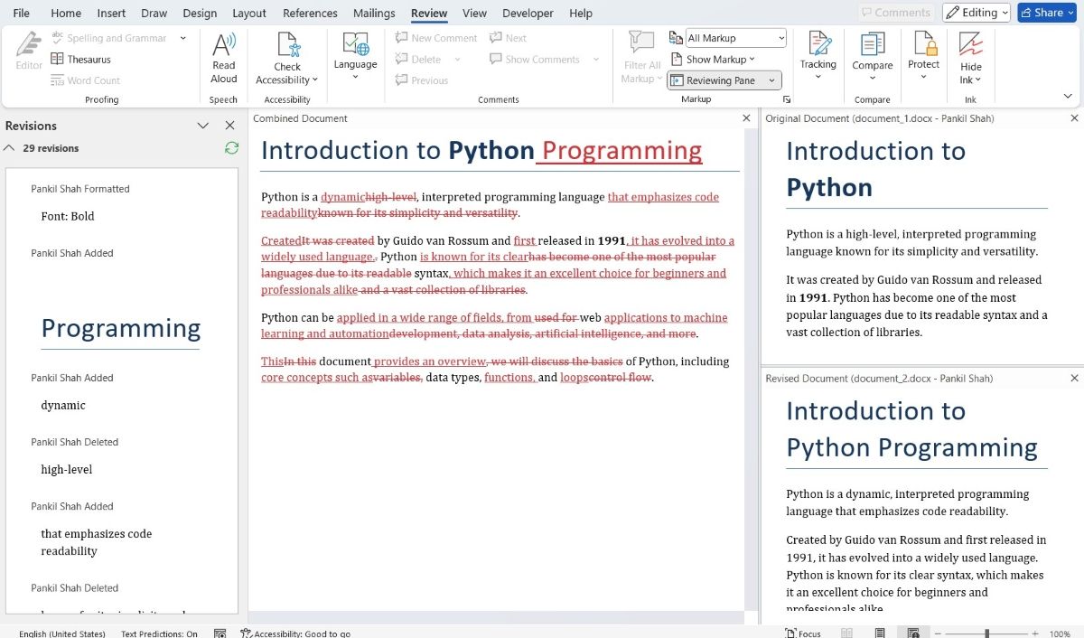 دو سند در پایتون در Microsoft Word مقایسه شده است