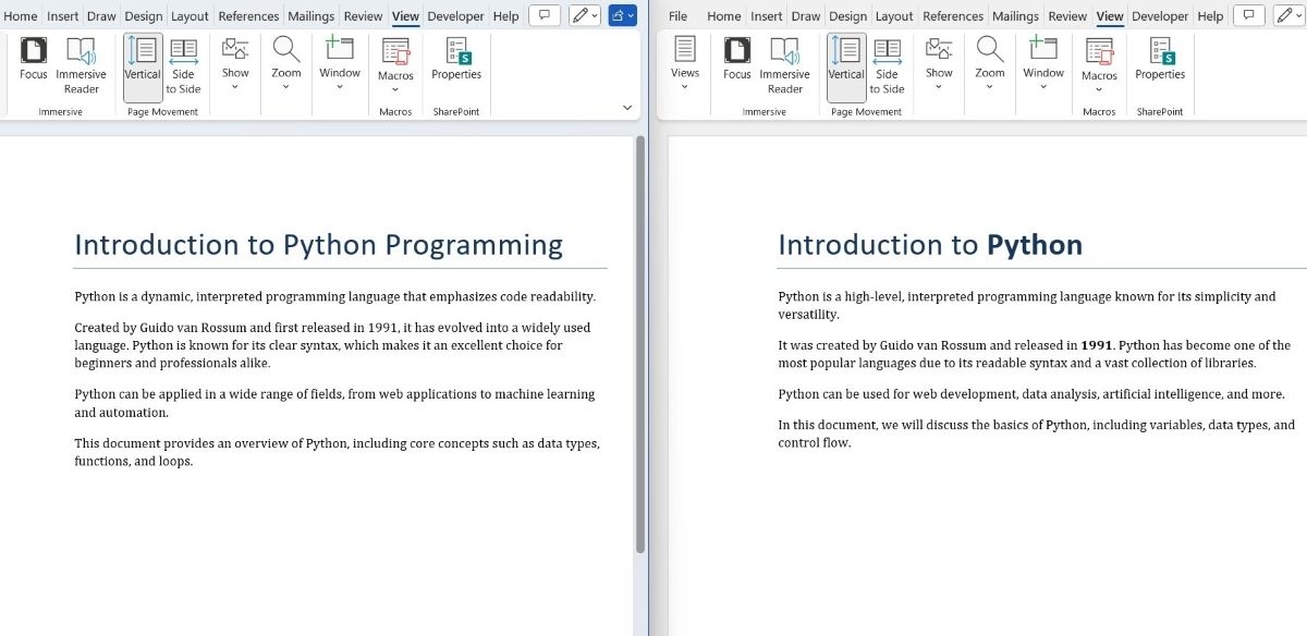 دو اسناد MS Word در پایتون در کنار هم