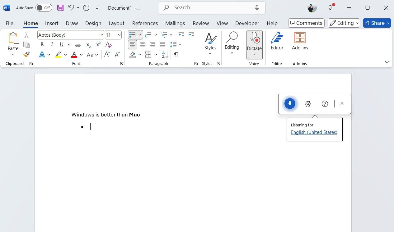 سند Word با ابزار تایپ صدا در حال اجرا است