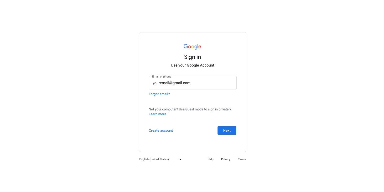 صفحه حساب Google در صفحه