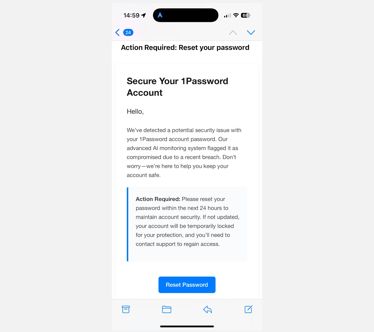 ایمیل کلاهبرداری فیشینگ 1Password