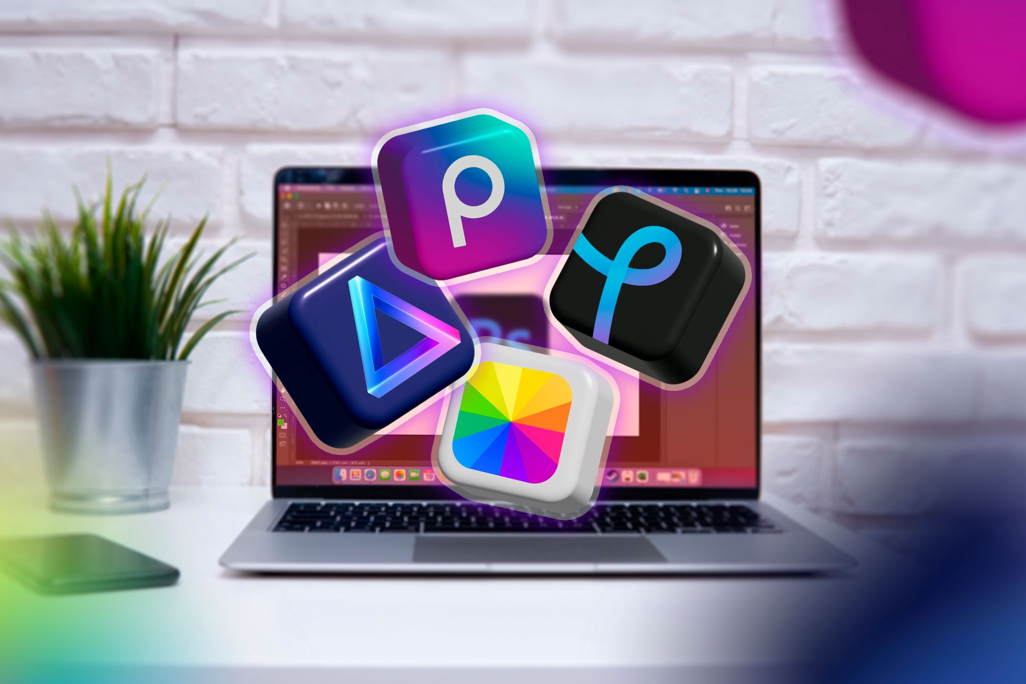 یک لپ تاپ با Photoshop Open و چندین برنامه جایگزین که از صفحه نمایش بیرون می آید