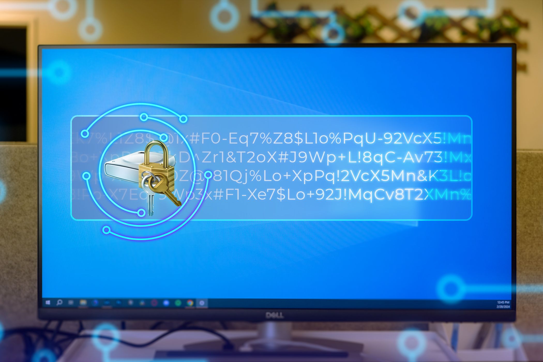 صفحه نمایش رایانه ای با ویندوز 11 و نماد bitlocker در مرکز با برخی از کدها.