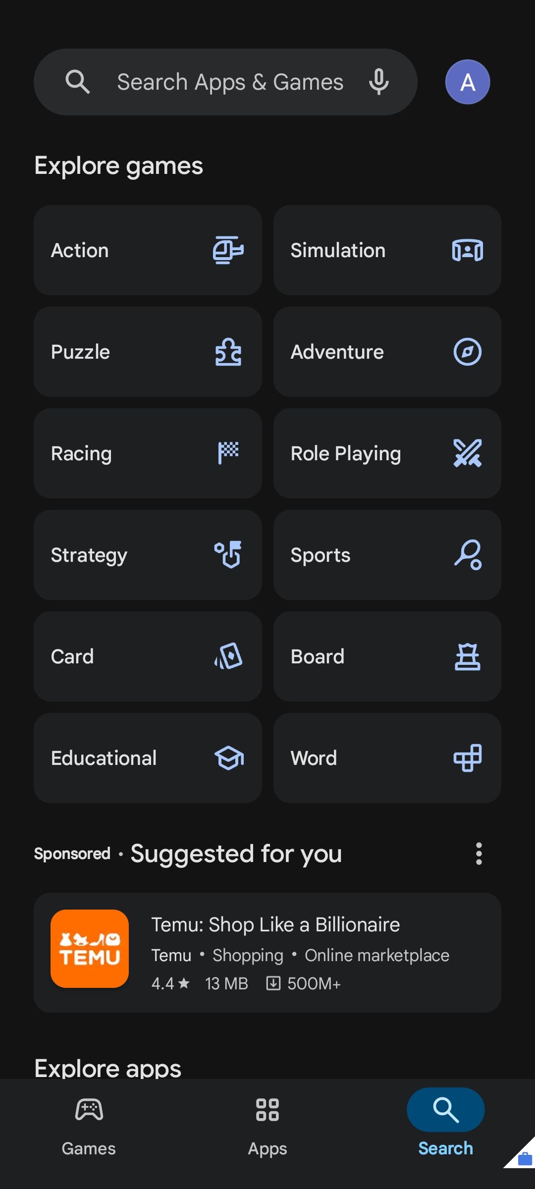 صفحه اصلی Android Playstore که بازی ها و پیشنهادات برنامه را نشان می دهد
