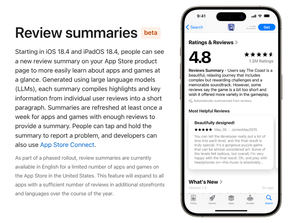 نمونه ای از خلاصه بررسی AI در فروشگاه App Apple
