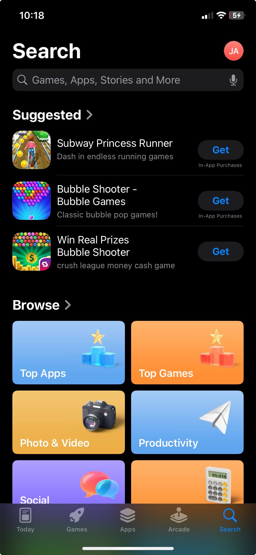 فروشگاه App App که برنامه های پیشنهادی و گزینه های مرورگر را نشان می دهد