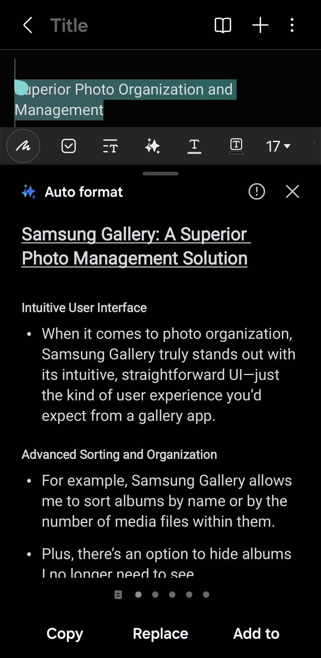 منوی فرمت خودکار در برنامه Samsung Notes