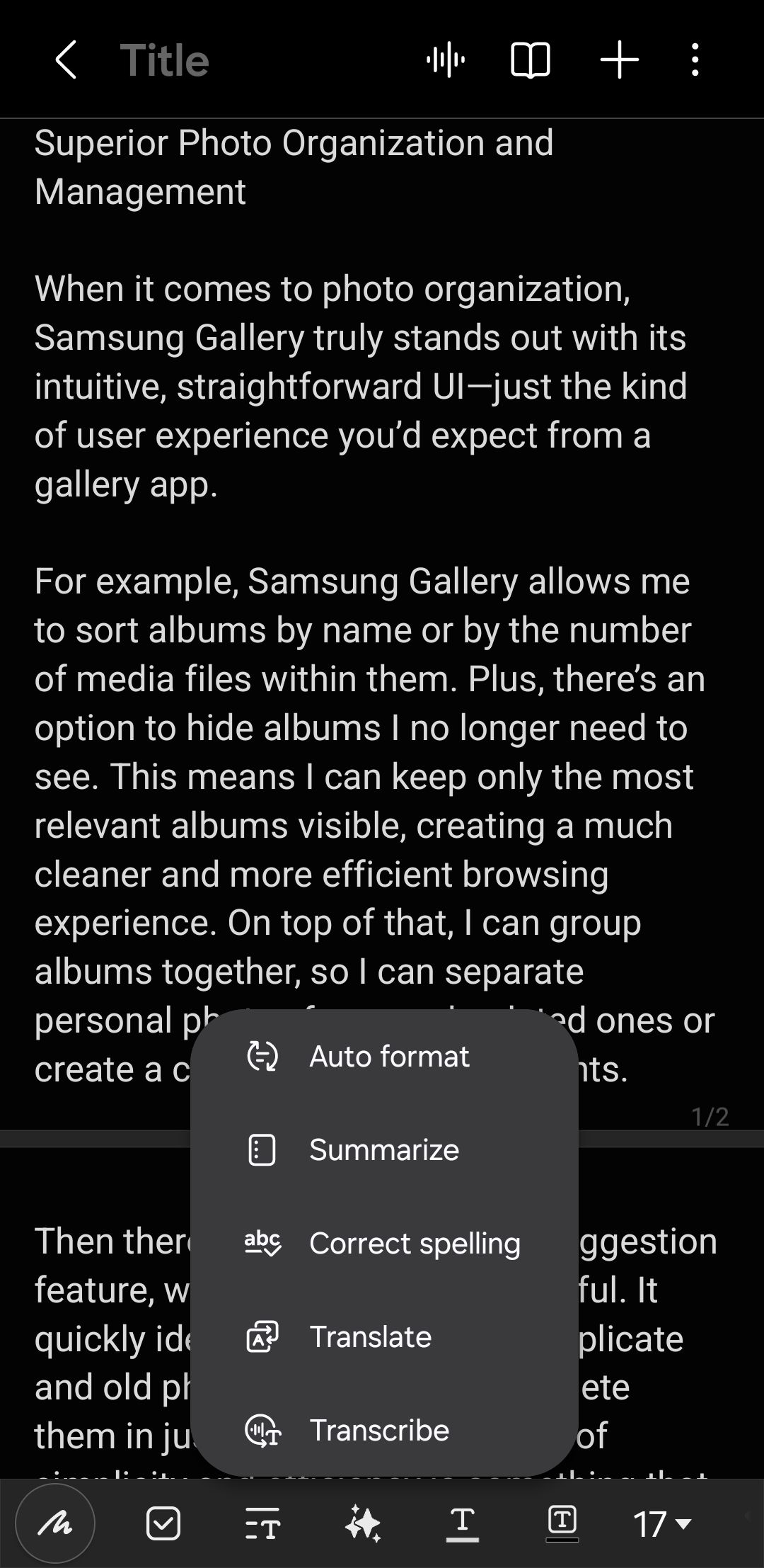 گزینه فرمت خودکار در برنامه Samsung Notes