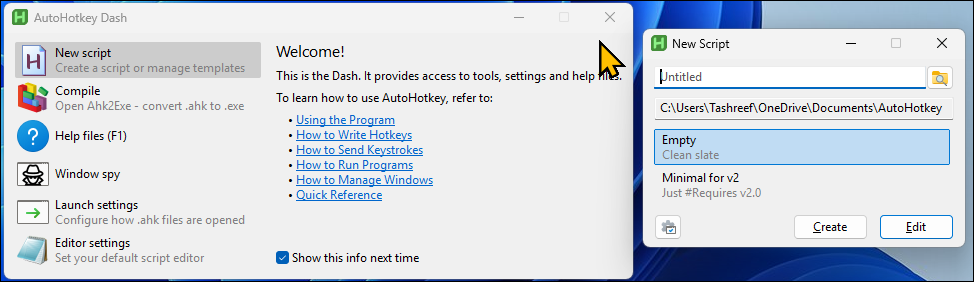 رابط اصلی Autohotkey و گفتگوی جدید اسکریپت در ویندوز 11 باز می شود