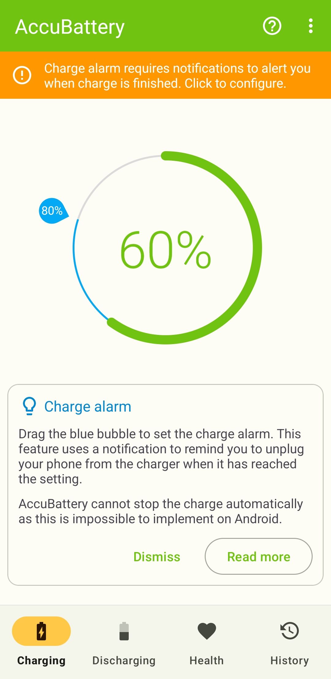 برگه شارژ در برنامه Accubattery در Android