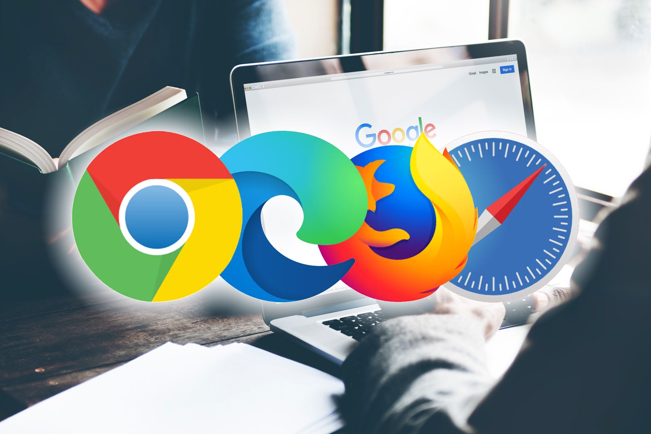 آرم های Safari Firefox Edge Firefox با لپ تاپ در پس زمینه