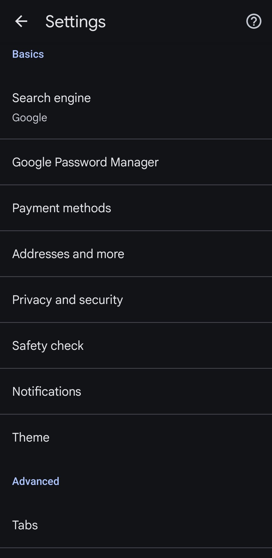 منوی تنظیمات Chrome در Android