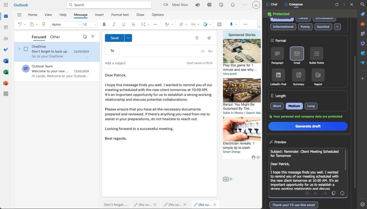 Copilot in Edge تهیه پیش نویس ایمیل