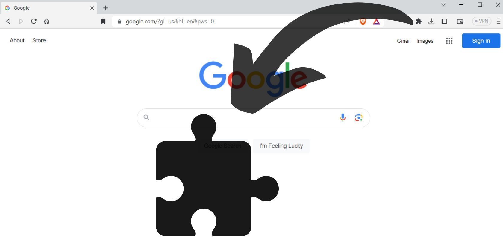 تصویر صفحه اصلی Google ، با پیکان و نماد پسوند