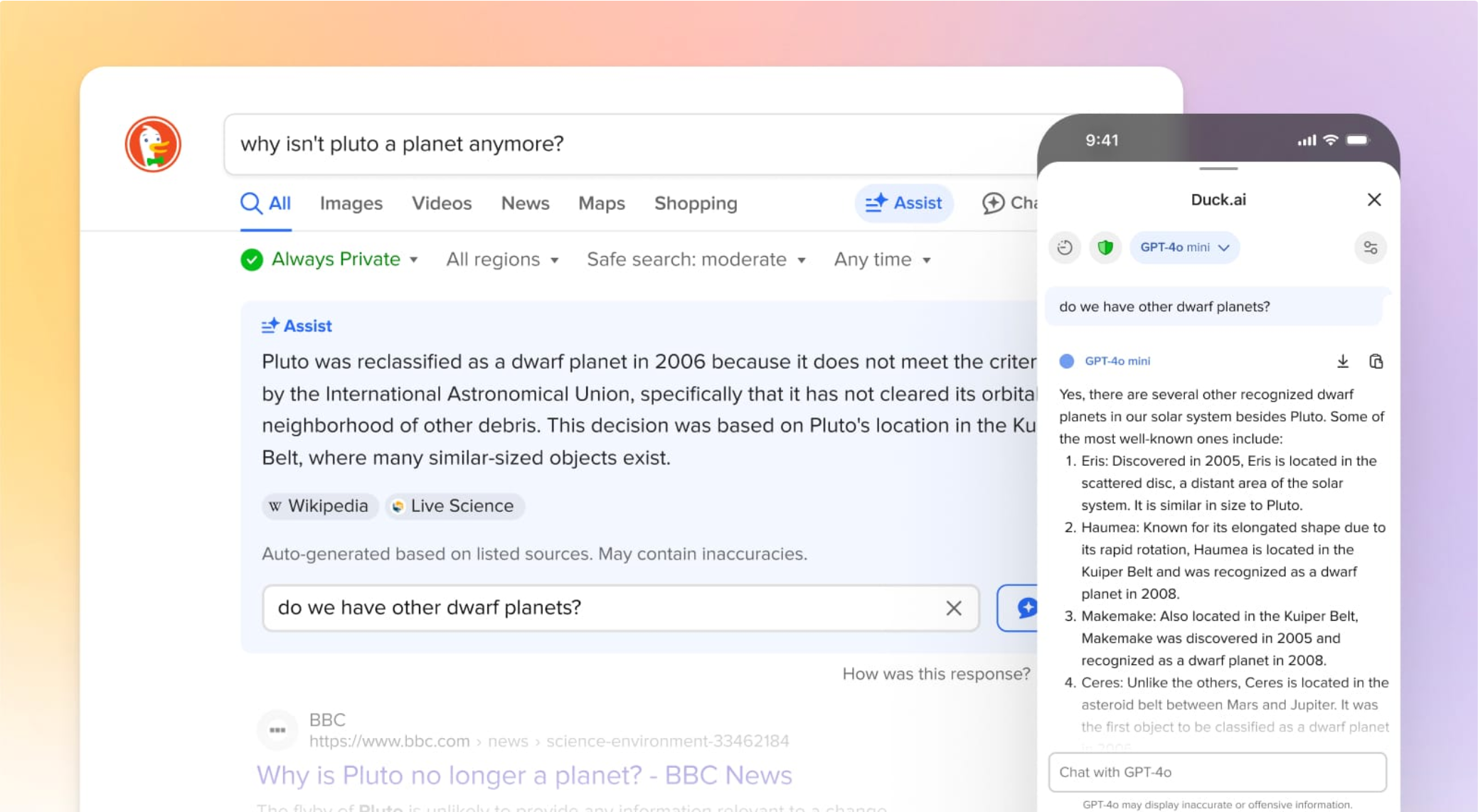 یک مرورگر Duckduckgo روی یک دسک تاپ و اندازه تلفن باز می شود و ویژگی های AI خود را به نمایش می گذارد