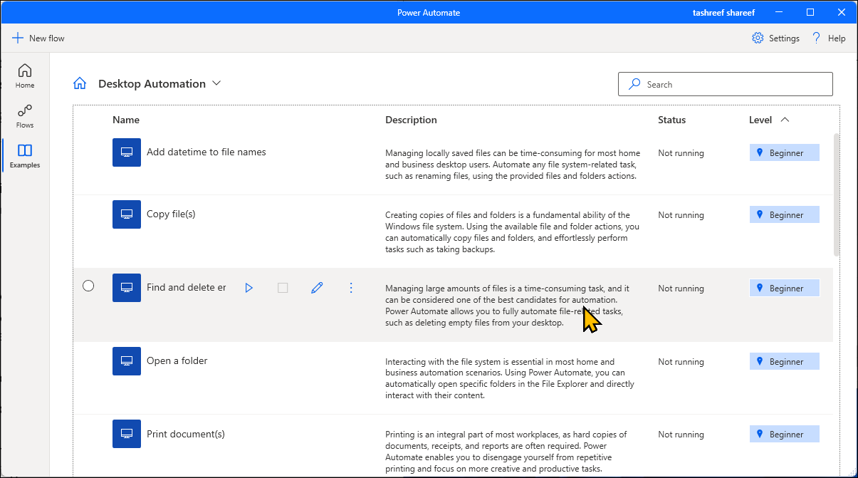 زبانه نمونه ها در Microsoft Power Automate در ویندوز 11 باز می شوند
