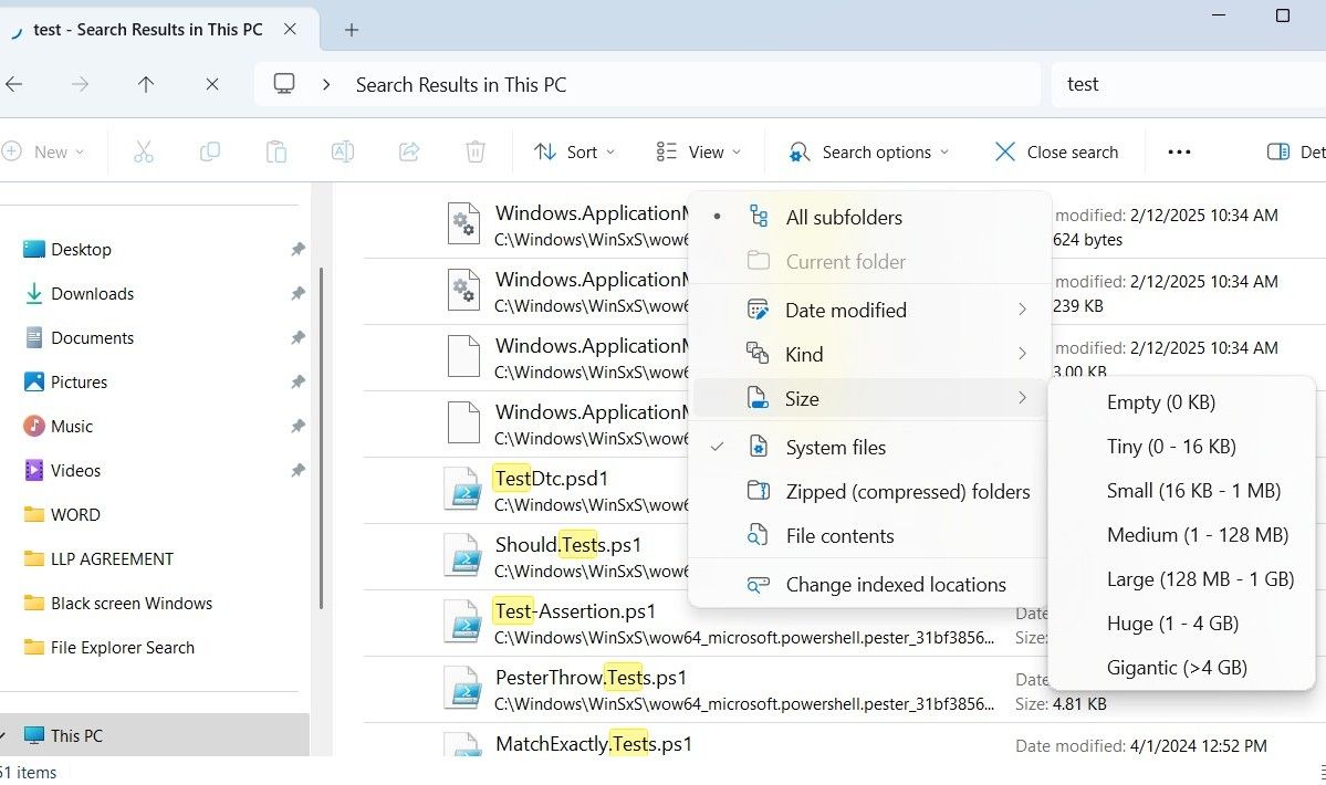 منوی گزینه های جستجوی File Explorer در ویندوز