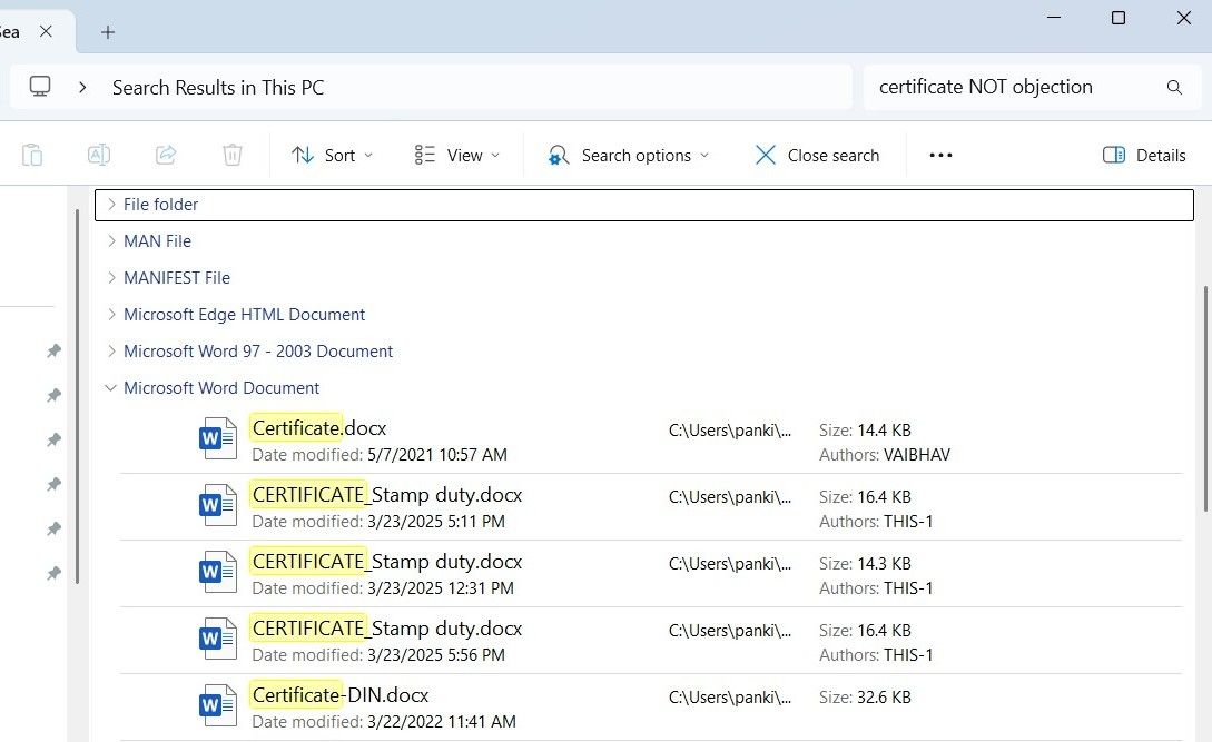 File Explorer Search با اپراتور در ویندوز