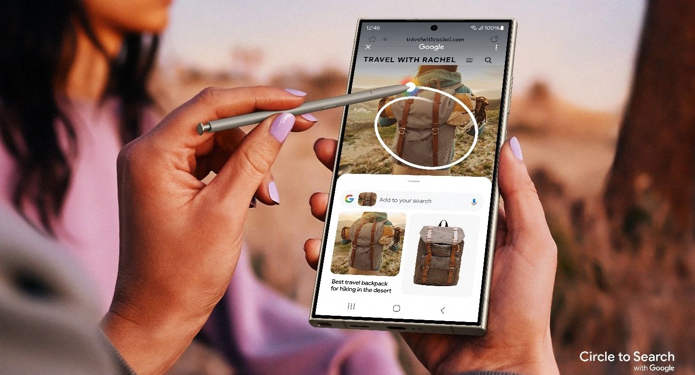 کاربر Galaxy S24 در حال بررسی ویژگی Google Circle برای جستجو است